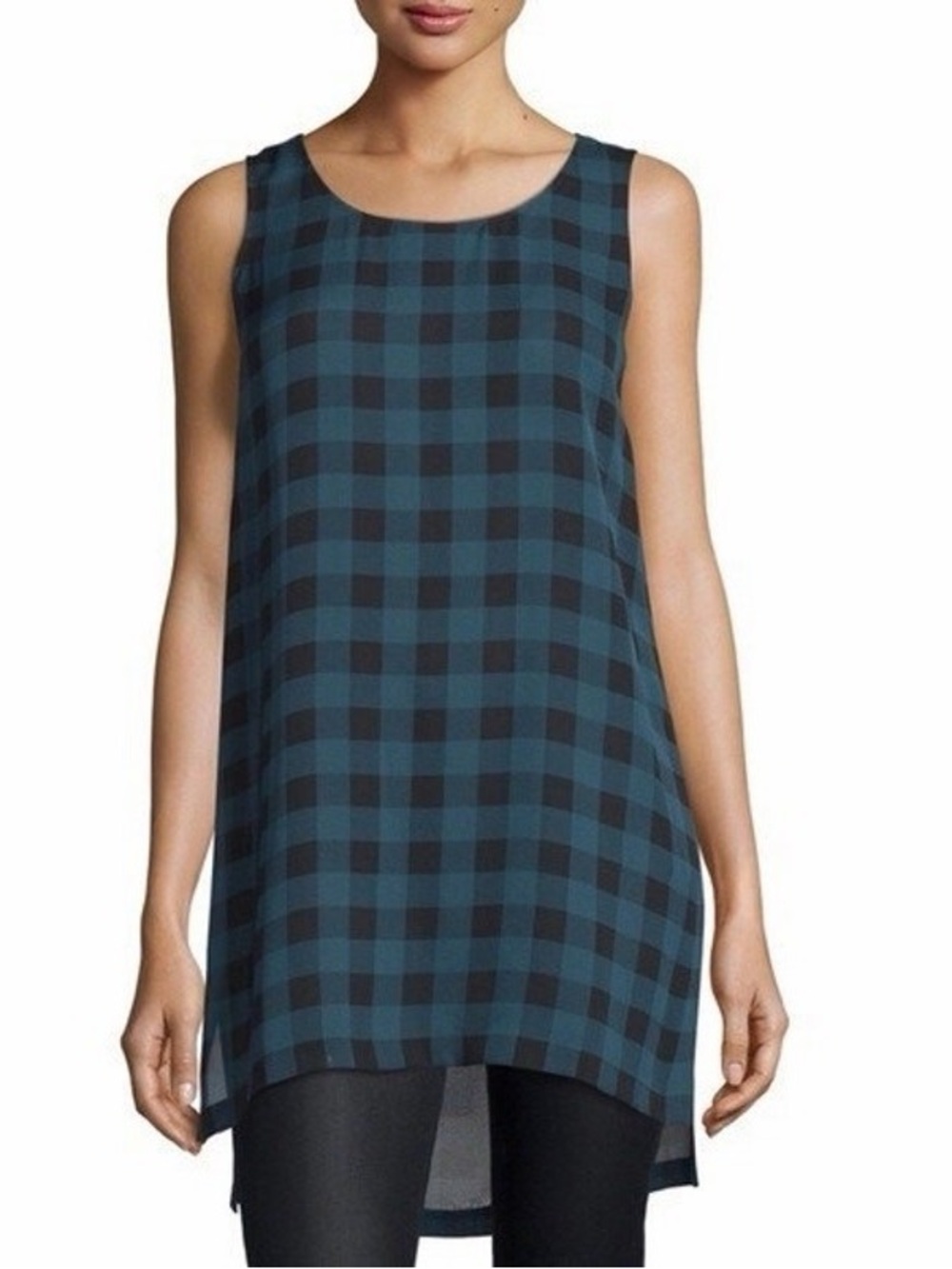 💙🖤 Eileen Fisher 100% Silk Plaid Check High Low Flowy Tunic Top XL Quiet Luxury